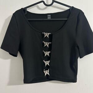 SHEIN Black Silver Embellished Crop Blouse